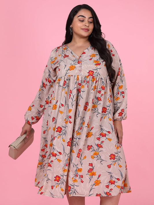 Women's Floral Beige Empire Midi Dress