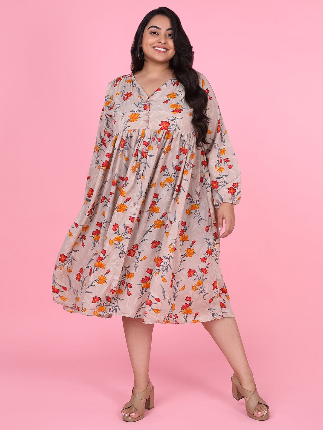 Women's Floral Beige Empire Midi Dress