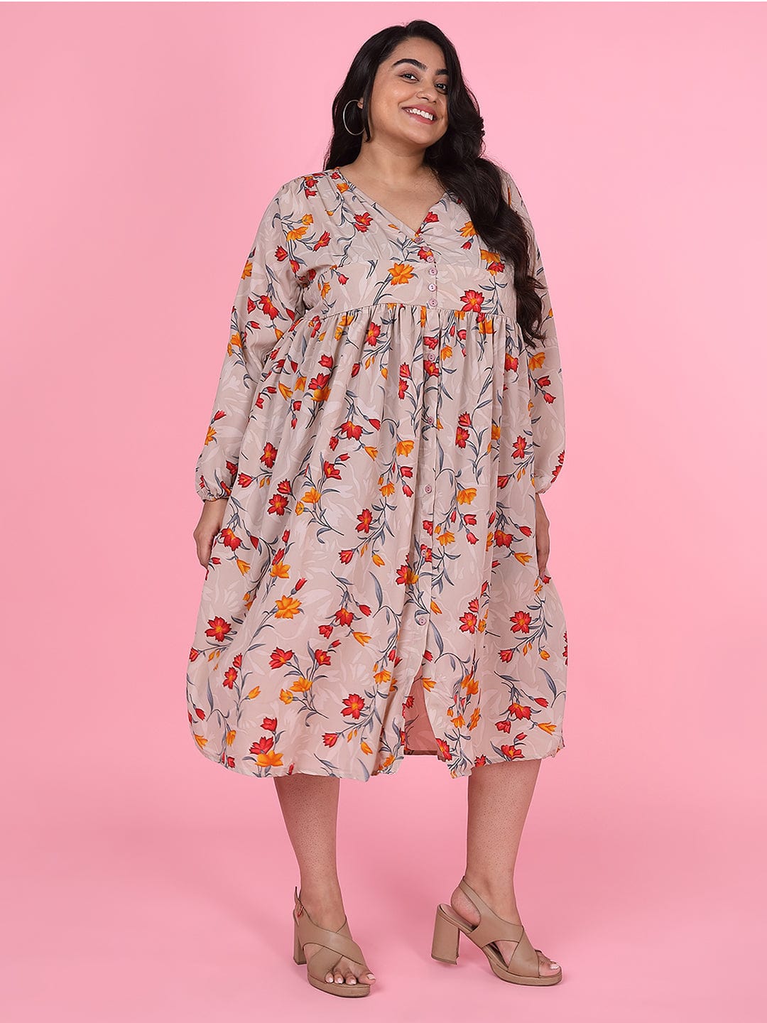 Women's Floral Beige Empire Midi Dress