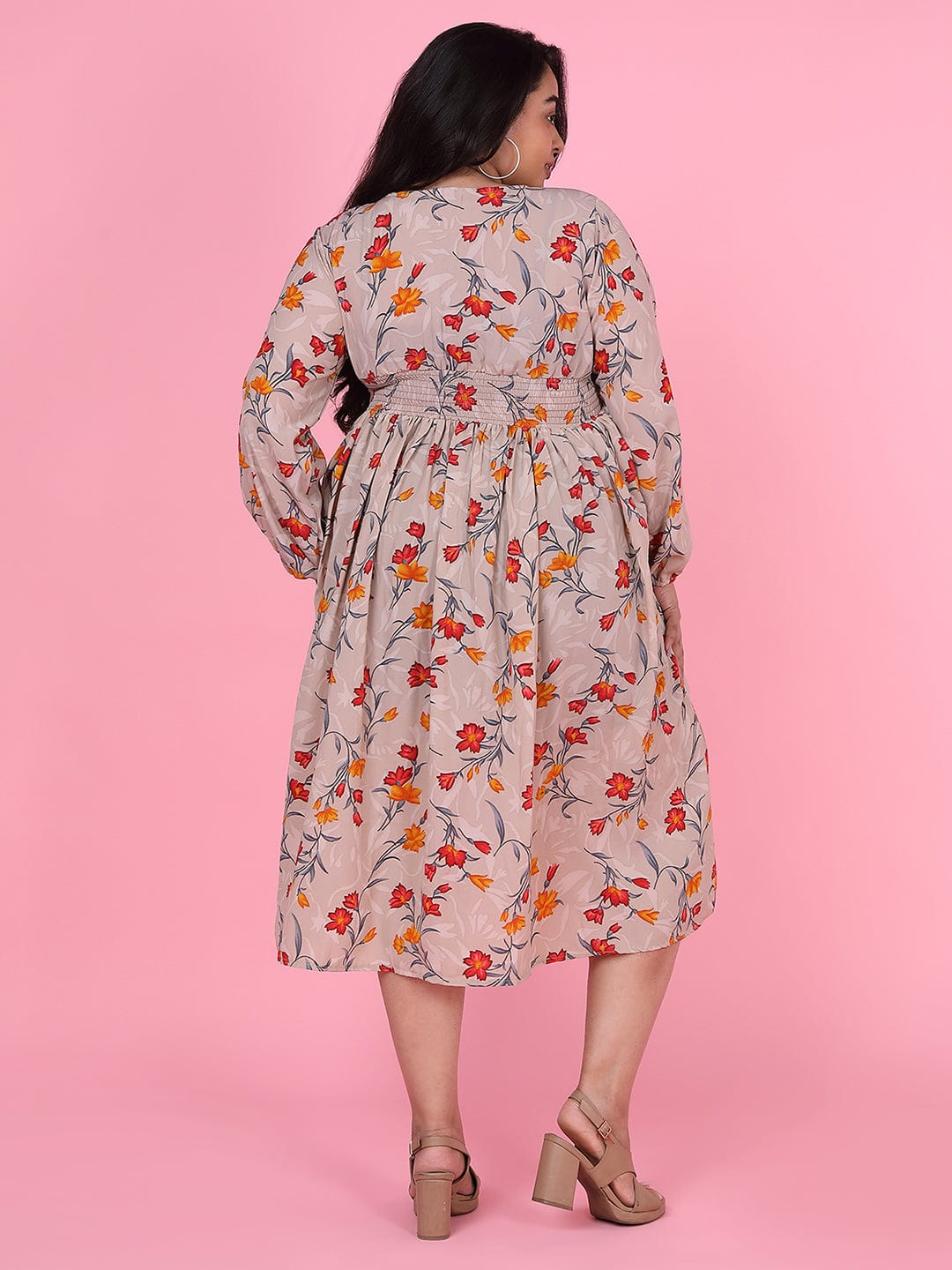 Women's Floral Beige Empire Midi Dress