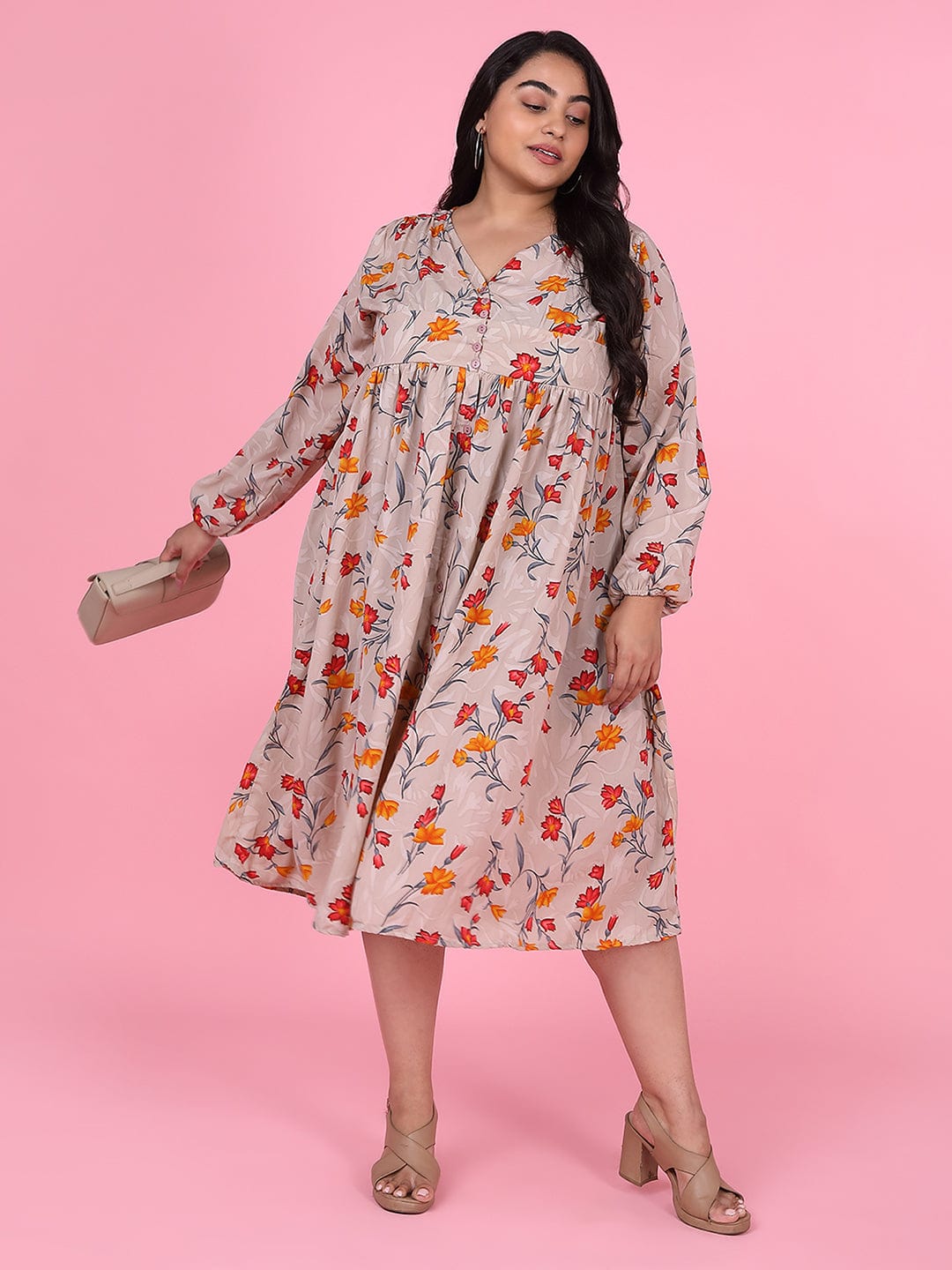 Women's Floral Beige Empire Midi Dress
