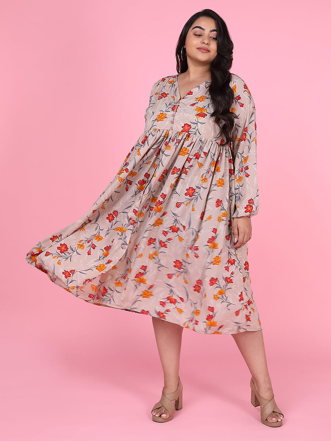 Women's Floral Beige Empire Midi Dress