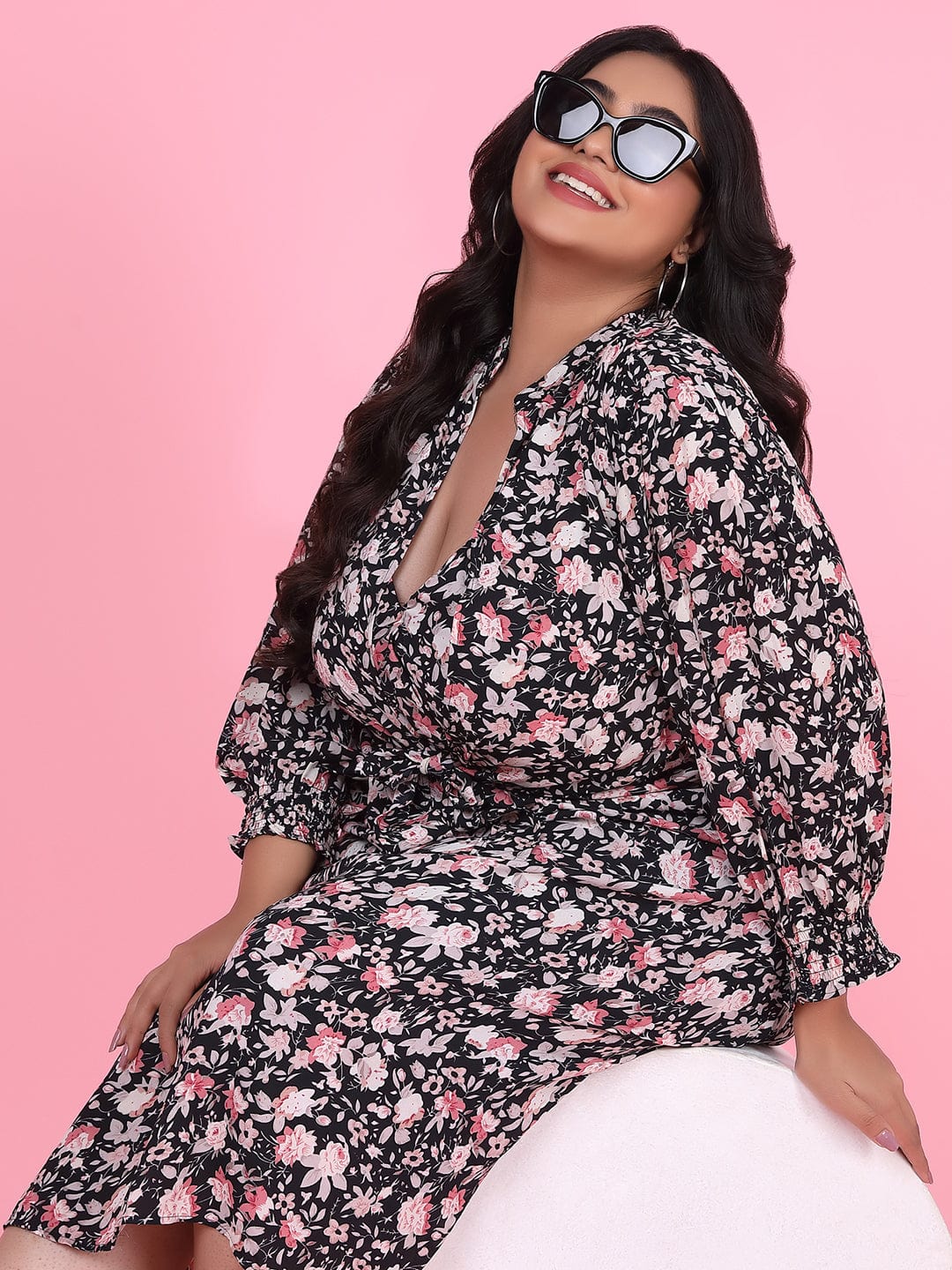 Women's Floral Black Fit and Flare Dress with Shrug