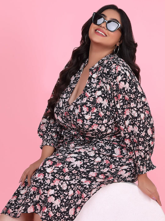 Women's Floral Black Fit and Flare Dress with Shrug