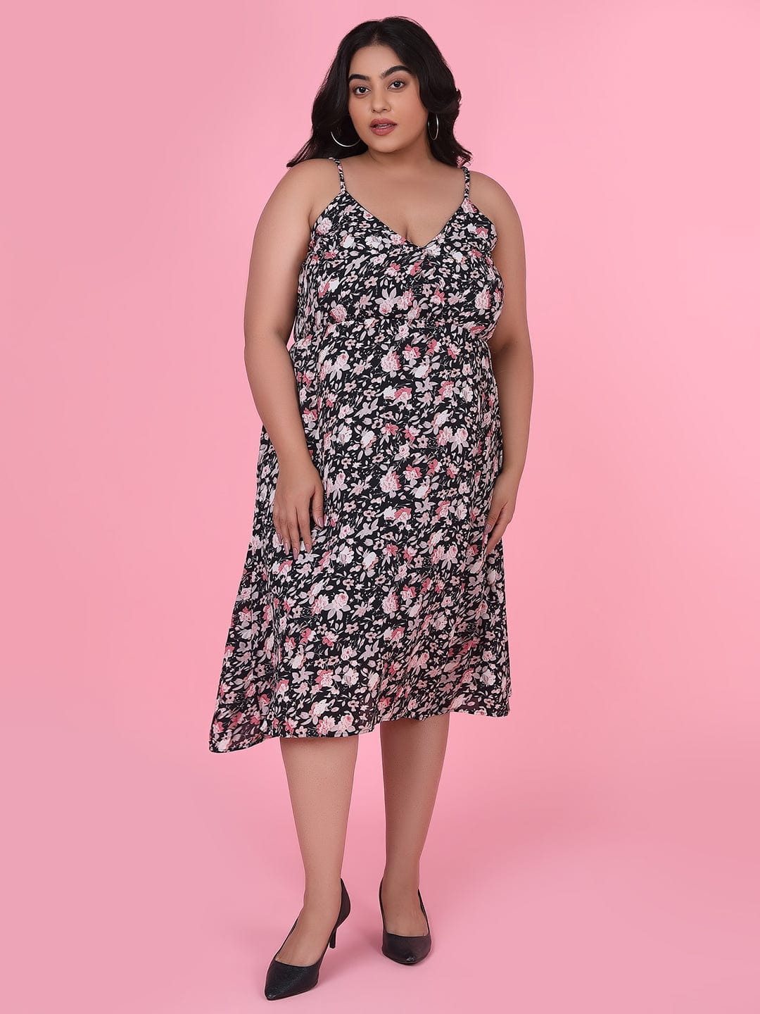 Women's Floral Black Fit and Flare Dress with Shrug