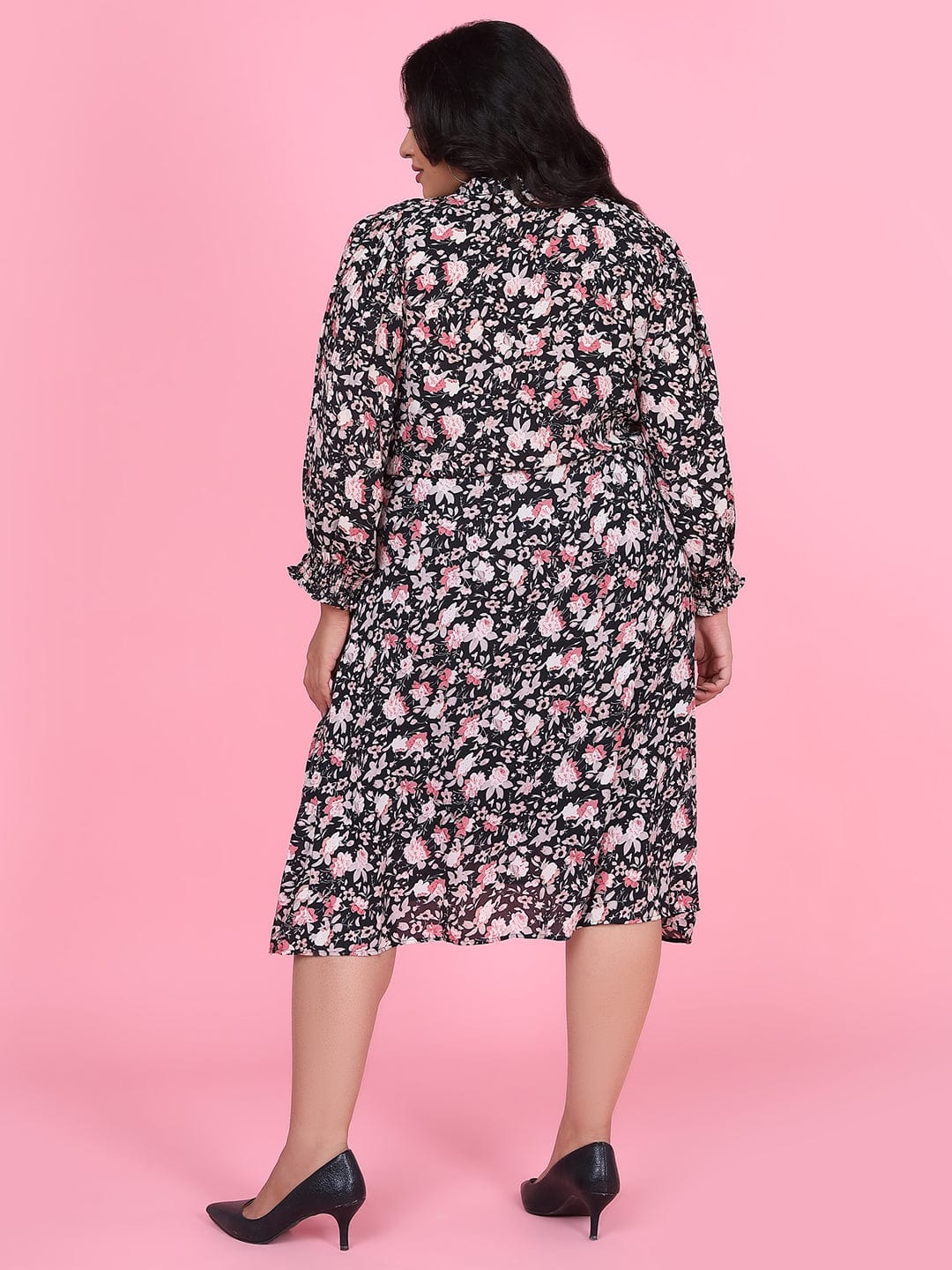 Women's Floral Black Fit and Flare Dress with Shrug