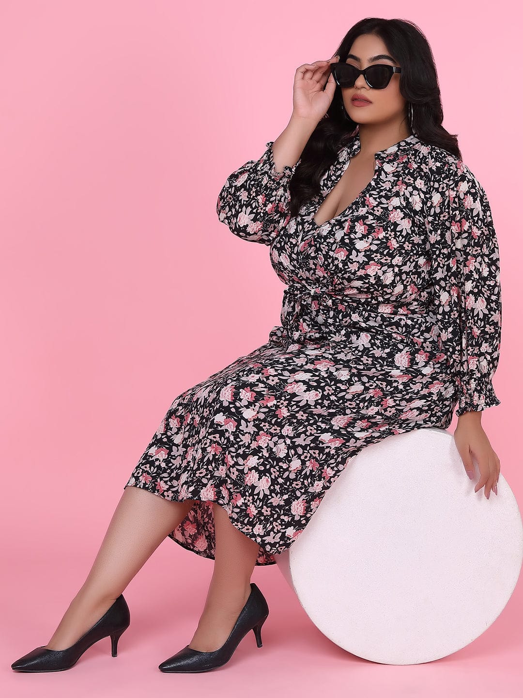 Women's Floral Black Fit and Flare Dress with Shrug
