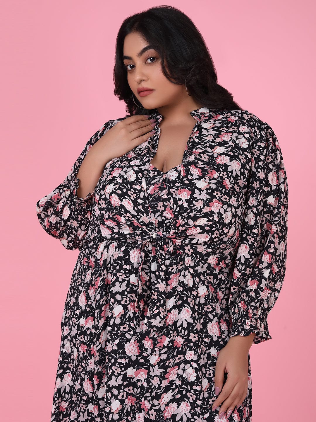 Women's Floral Black Fit and Flare Dress with Shrug