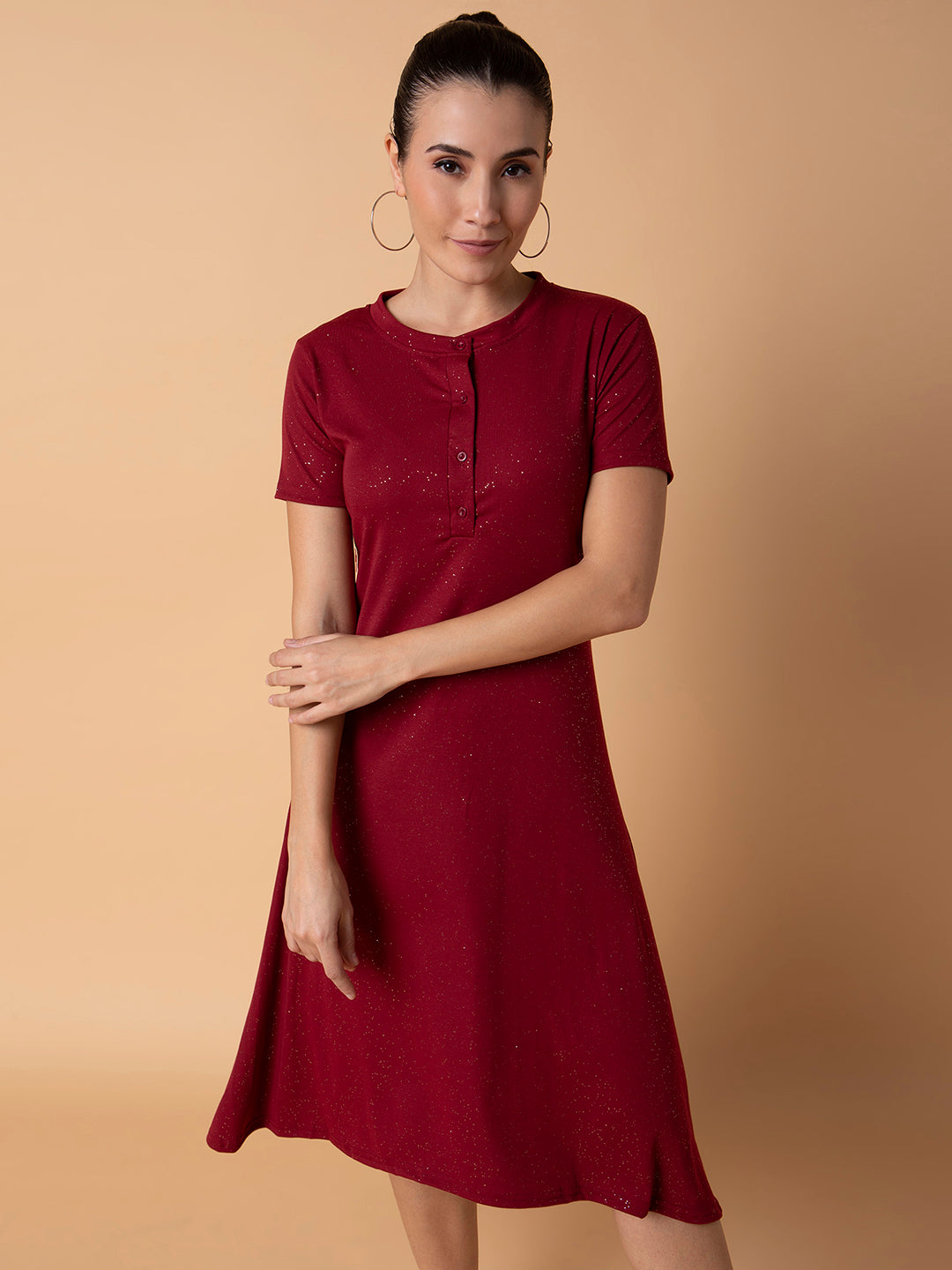 Women's Maroon Solid A-Line Midi Dress