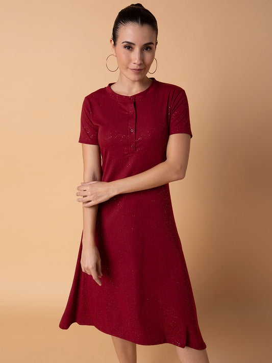 Women's Maroon Solid A-Line Midi Dress
