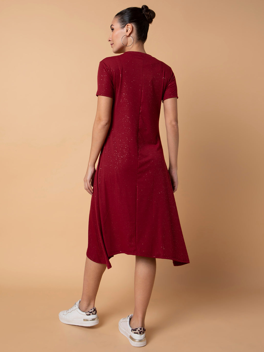 Women's Maroon Solid A-Line Midi Dress