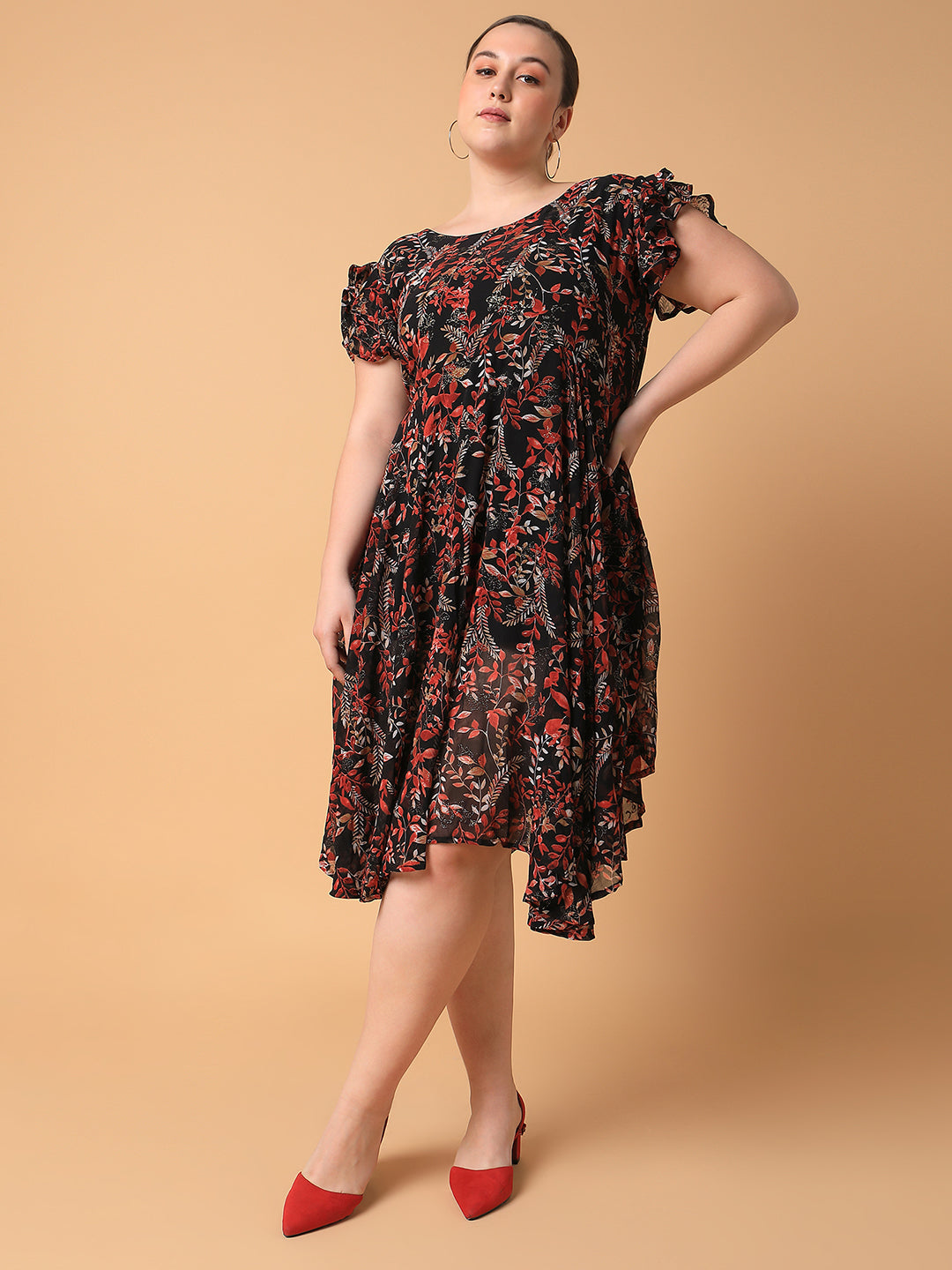 Women's Floral Black Empire Midi Dress