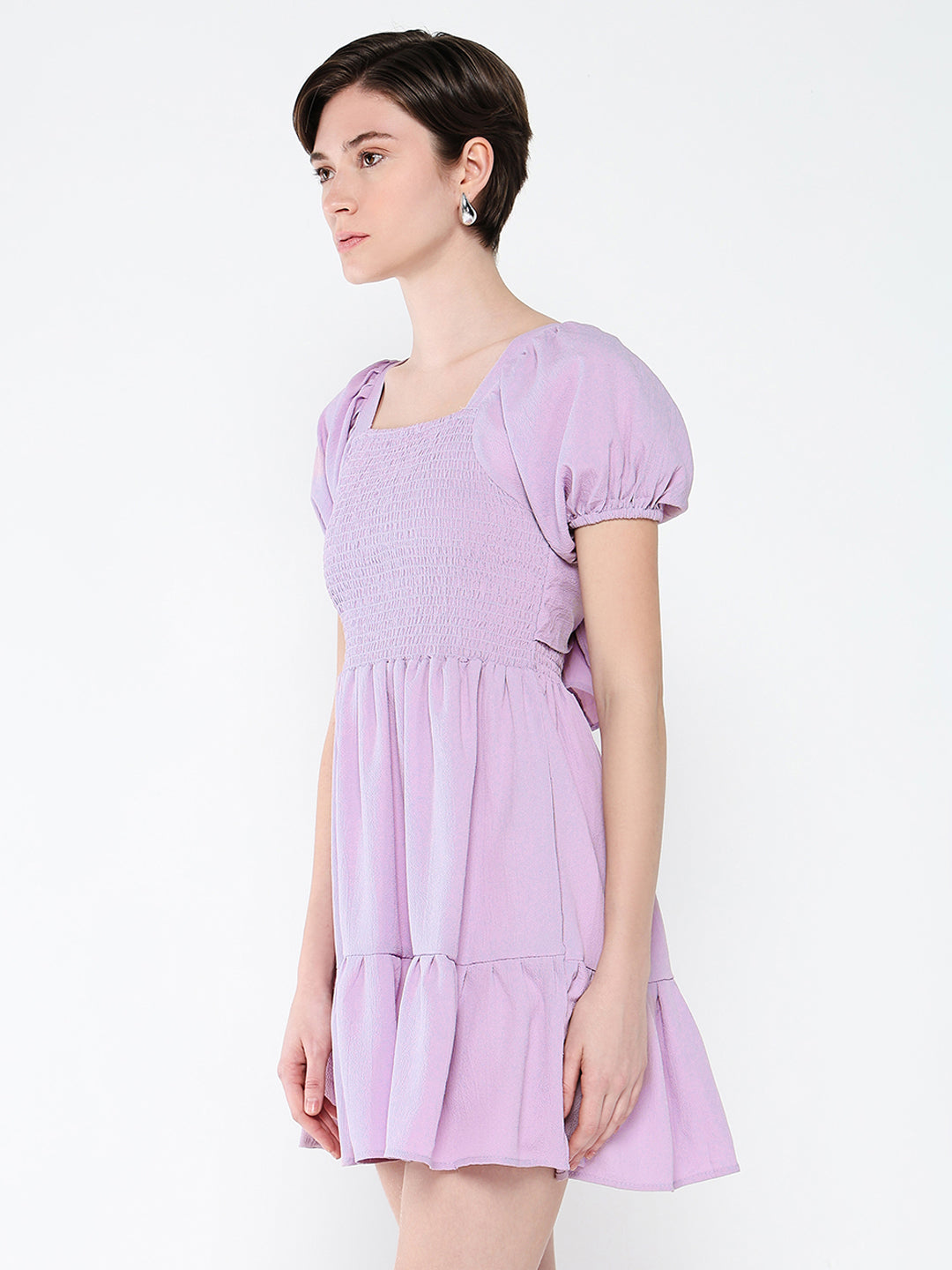 Women's Lavender Puff Sleeve Crepe Fit & Flare Mini Dress