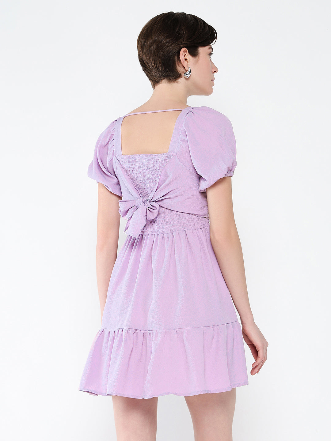 Women's Lavender Puff Sleeve Crepe Fit & Flare Mini Dress