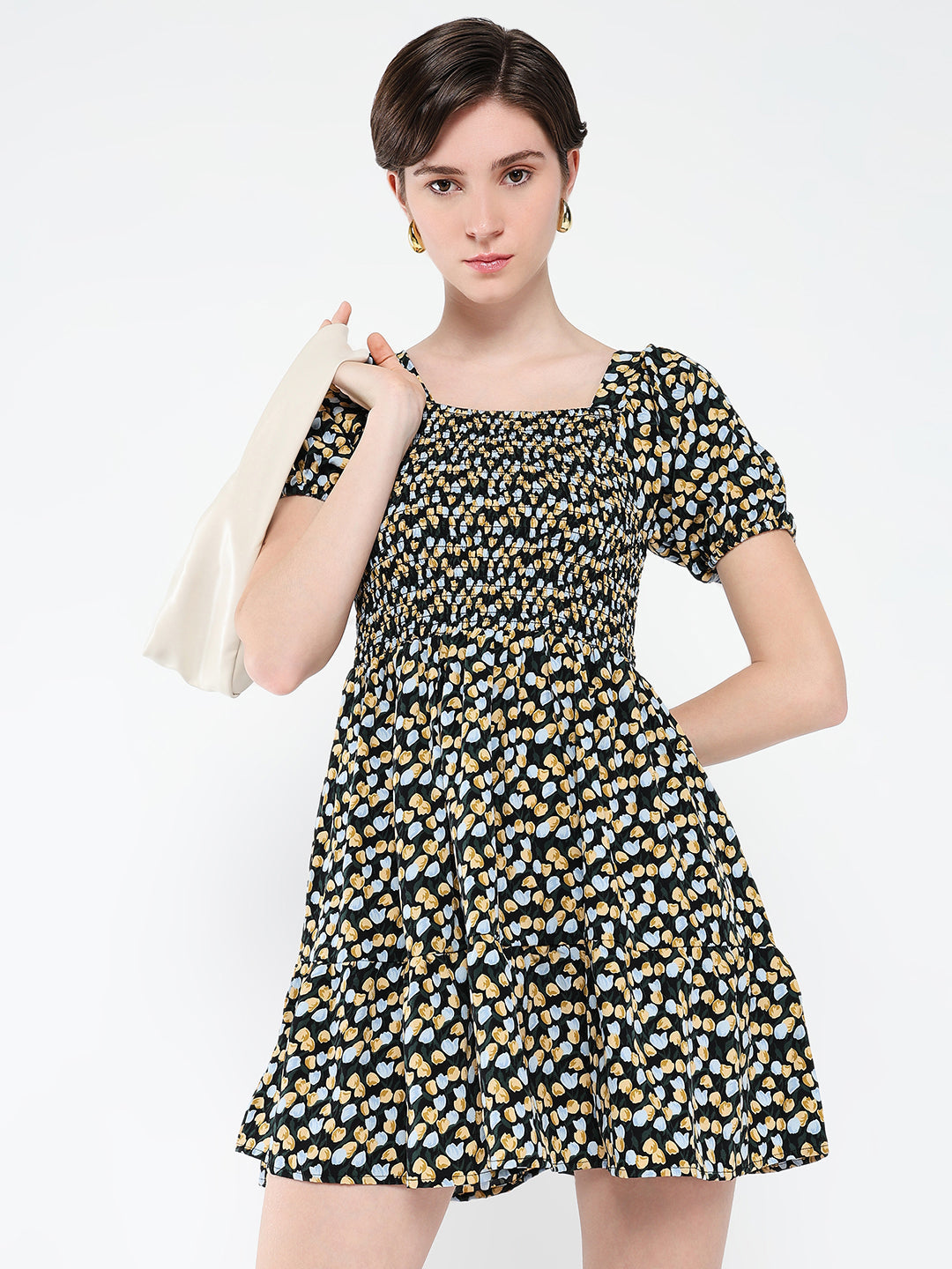 Women's Black Floral Printed Puff Sleeve Fit & Flare Mini Dress