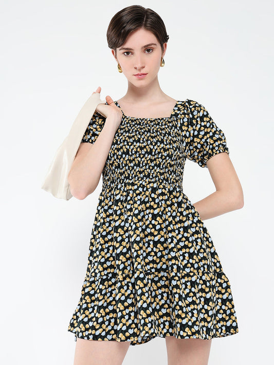 Women's Black Floral Printed Puff Sleeve Fit & Flare Mini Dress