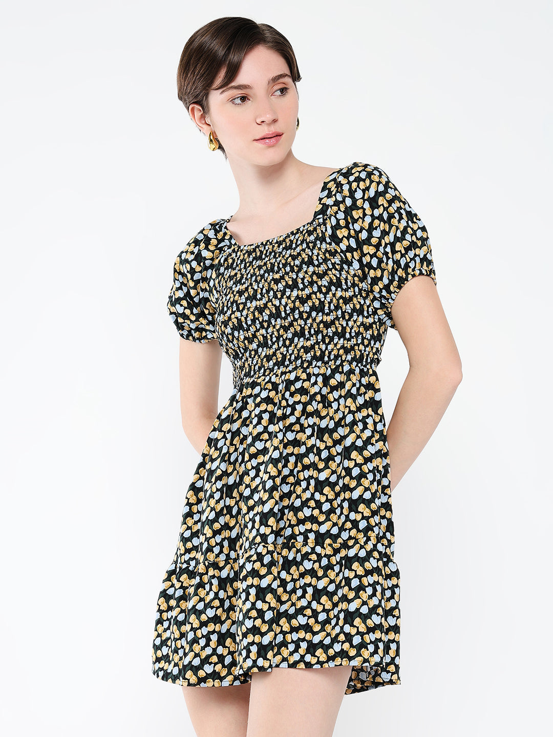 Women's Black Floral Printed Puff Sleeve Fit & Flare Mini Dress