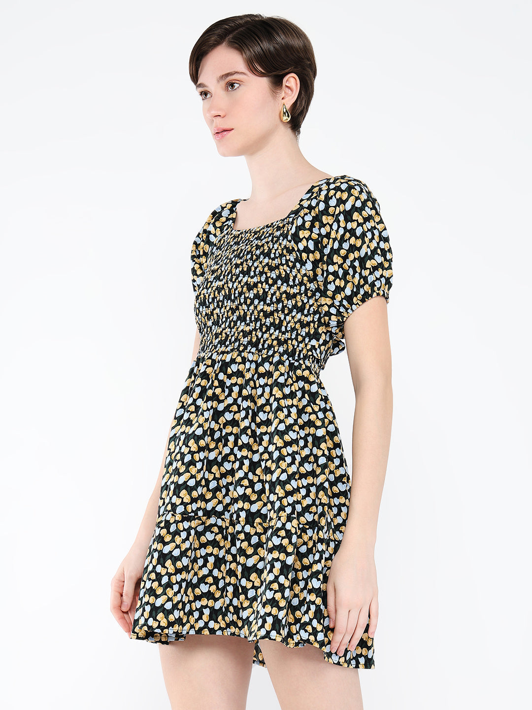 Women's Black Floral Printed Puff Sleeve Fit & Flare Mini Dress