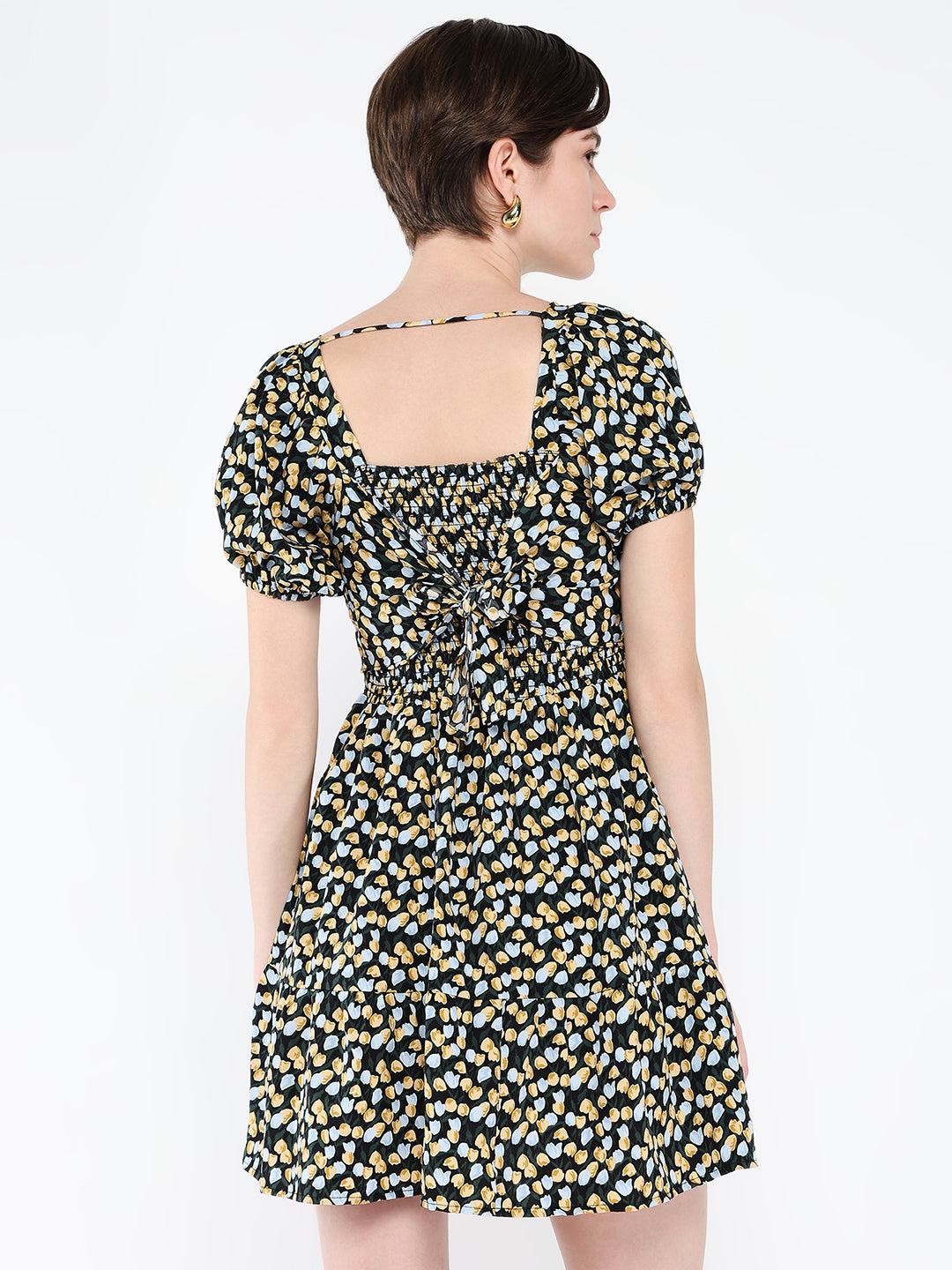 Women's Black Floral Printed Puff Sleeve Fit & Flare Mini Dress