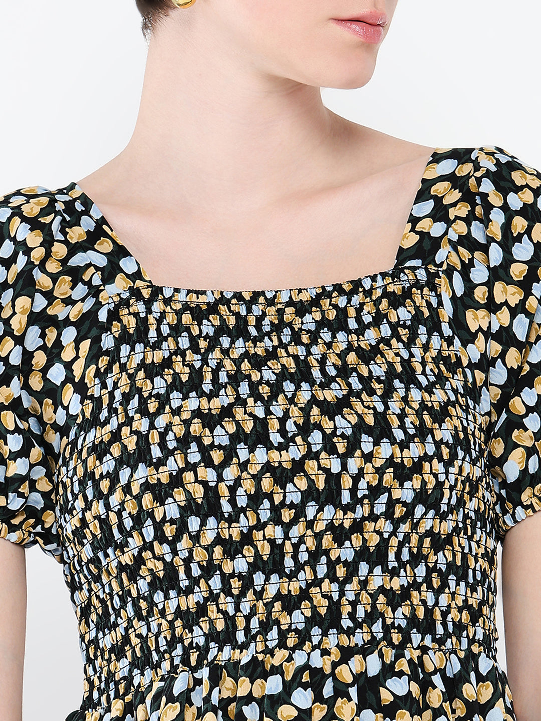Women's Black Floral Printed Puff Sleeve Fit & Flare Mini Dress