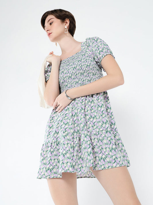 Women's Grey Floral Printed Puff Sleeve Fit & Flare Mini Dress