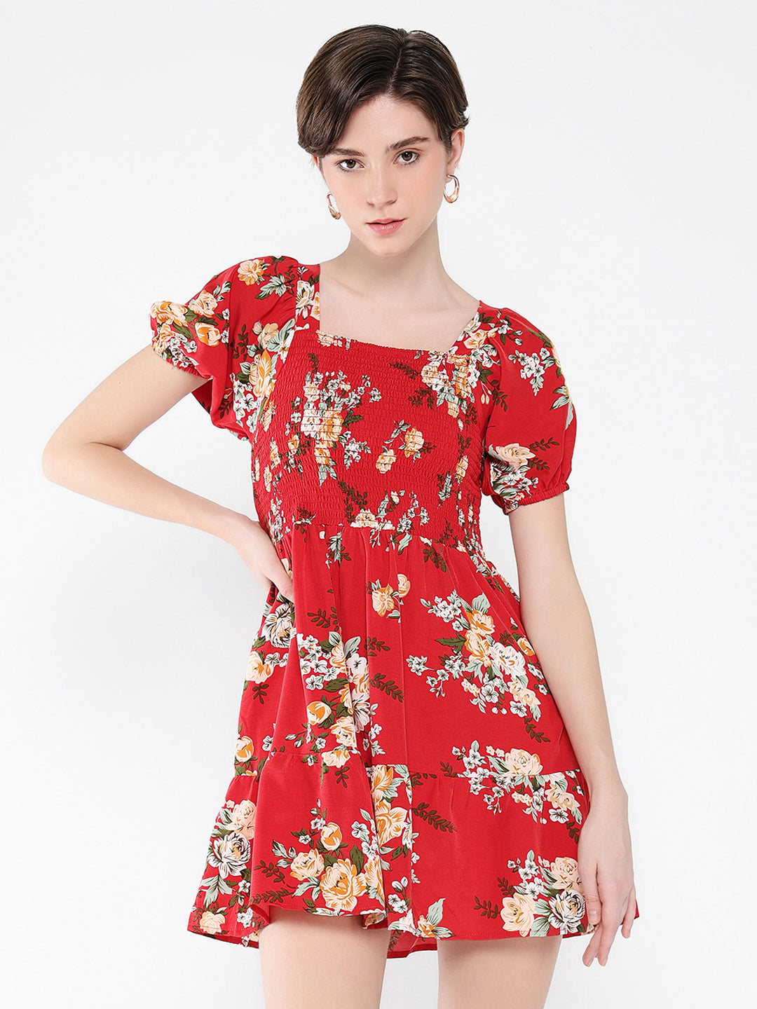 Women's Red Floral Print Puff Sleeve Crepe Fit & Flare Mini Dress