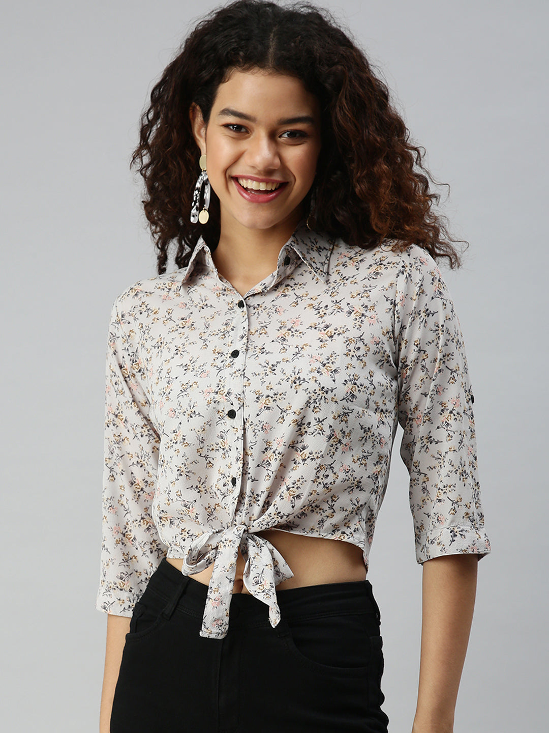 Women's Grey Floral Printed Crepe Shirt Style Crop Top