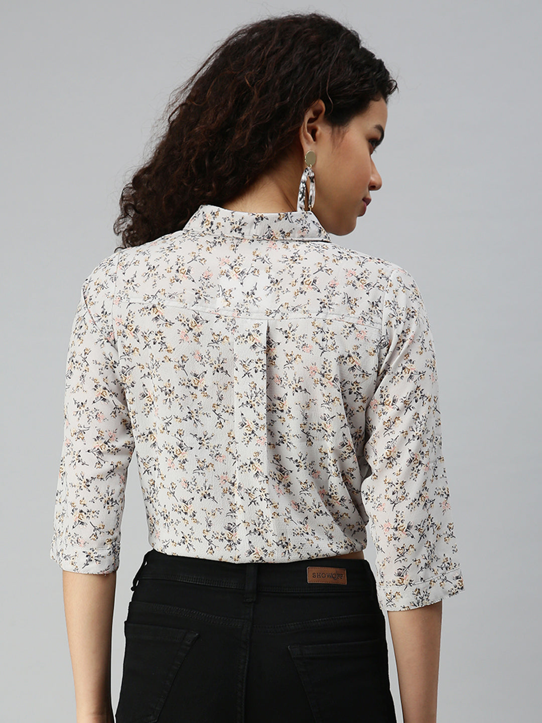 Women's Grey Floral Printed Crepe Shirt Style Crop Top