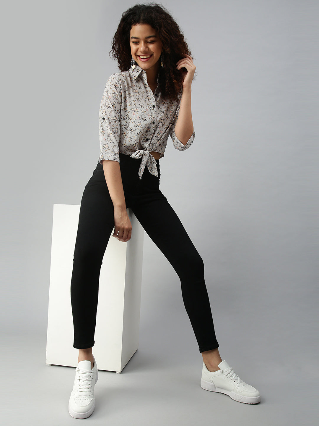 Women's Grey Floral Printed Crepe Shirt Style Crop Top