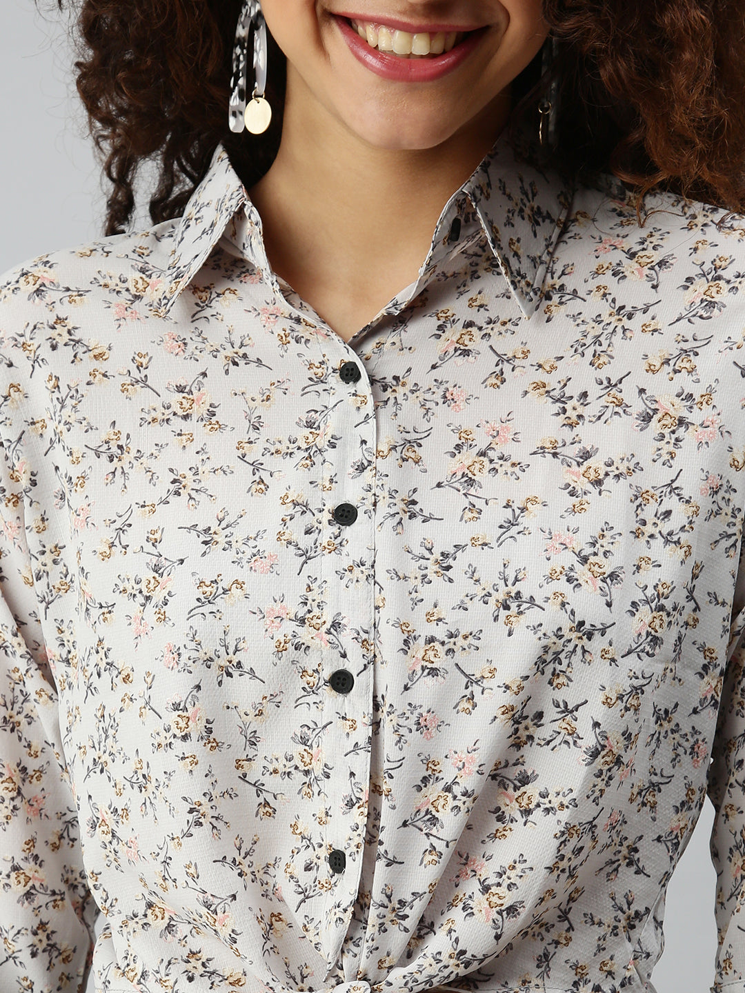 Women's Grey Floral Printed Crepe Shirt Style Crop Top
