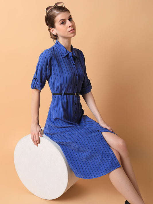 Women's Striped Blue Midi A-Line Dress with Belt