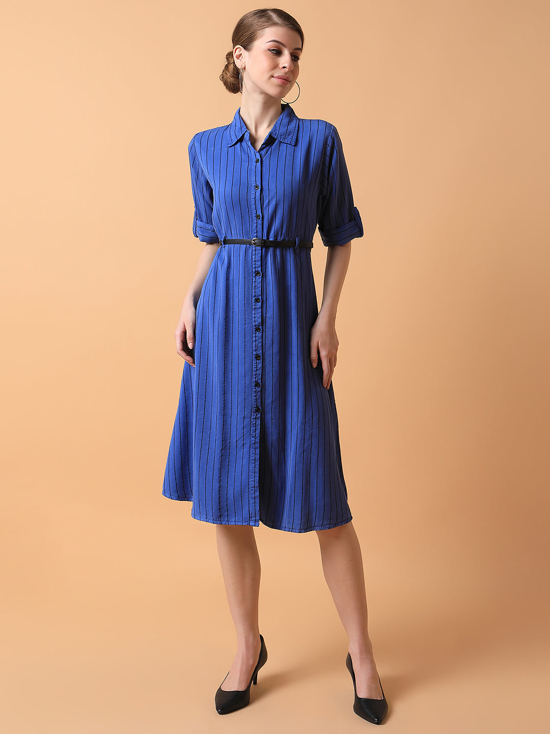 Women's Striped Blue Midi A-Line Dress with Belt