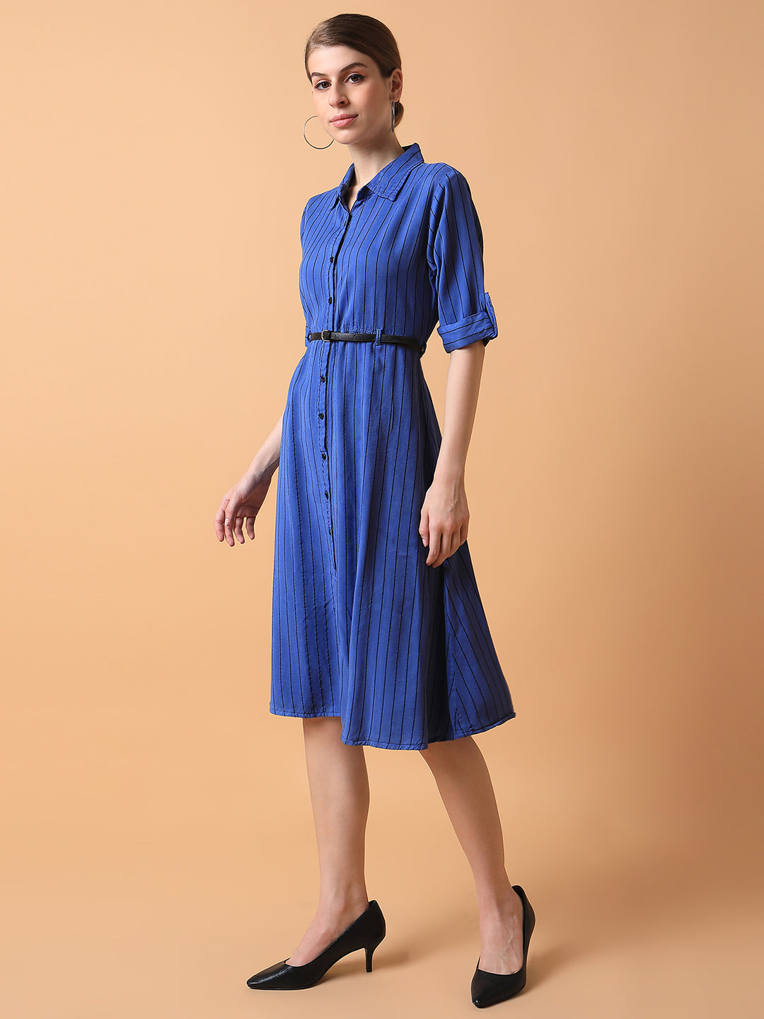 Women's Striped Blue Midi A-Line Dress with Belt