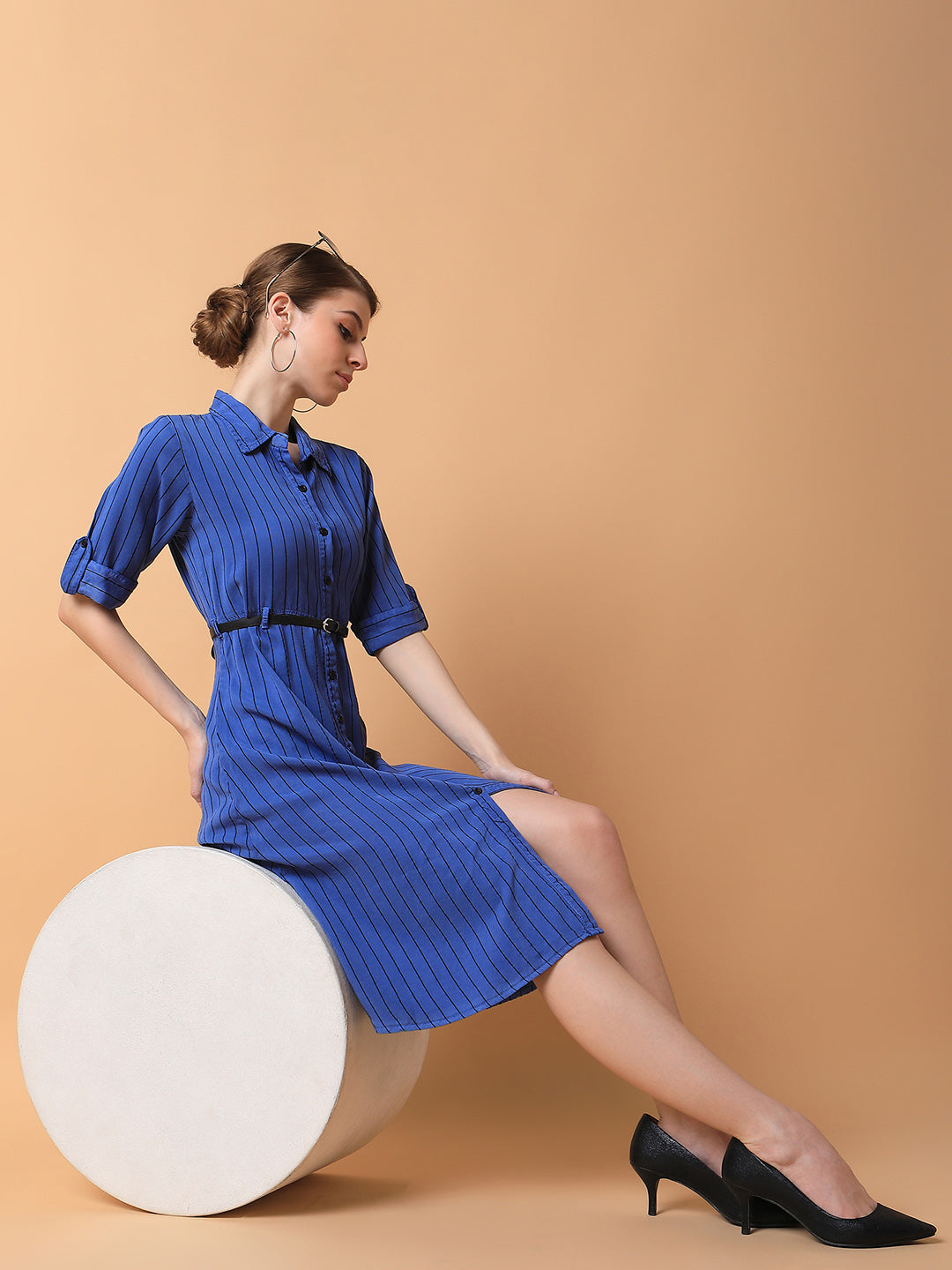 Women's Striped Blue Midi A-Line Dress with Belt