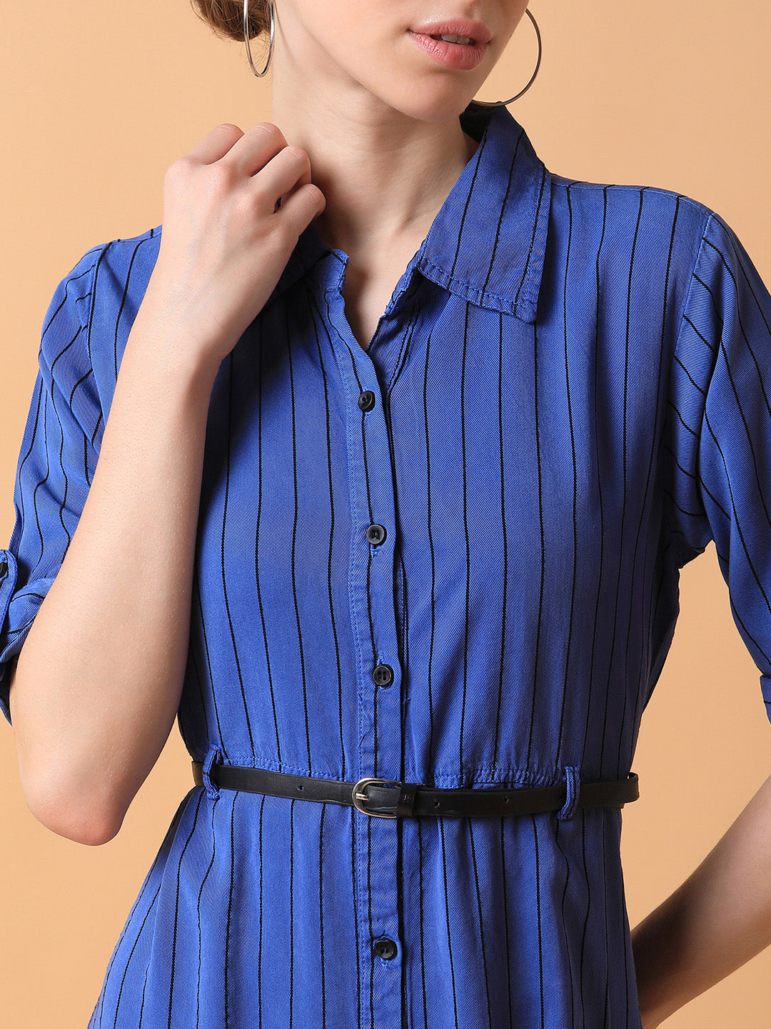 Women's Striped Blue Midi A-Line Dress with Belt