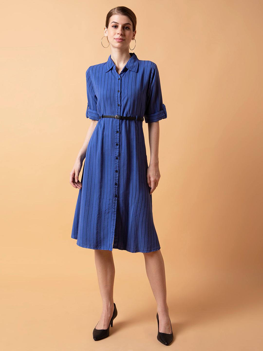 Women's Striped Blue Midi A-Line Dress with Belt