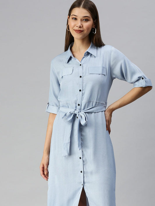 Women's Blue Denim Shirt Midi Dress