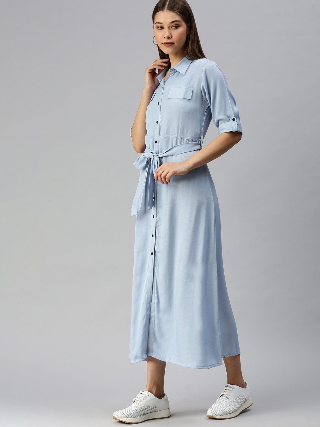 Women's Blue Denim Shirt Midi Dress