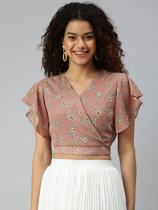 Women's Mauve Floral Print Georgette Wrap Crop Top