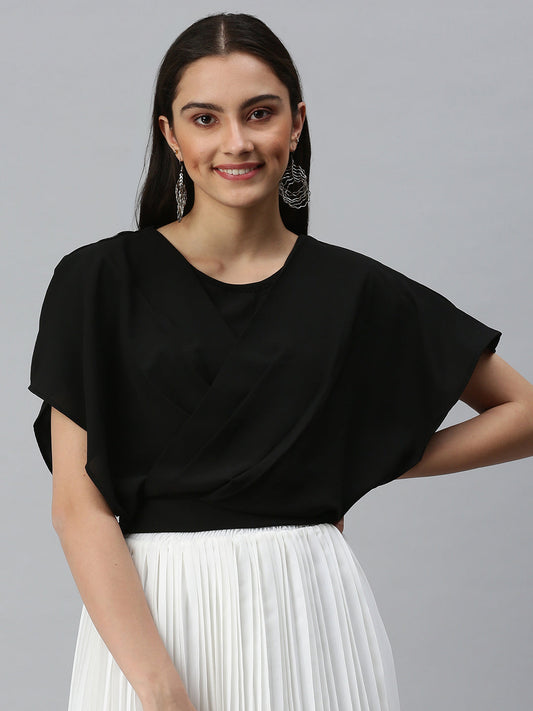 Women's Black Extended Sleeves Monochrome Chiffon Top
