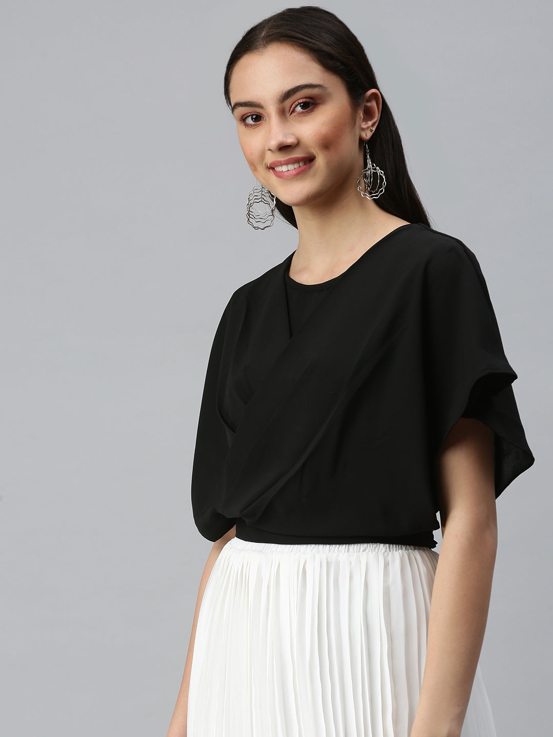 Women's Black Extended Sleeves Monochrome Chiffon Top