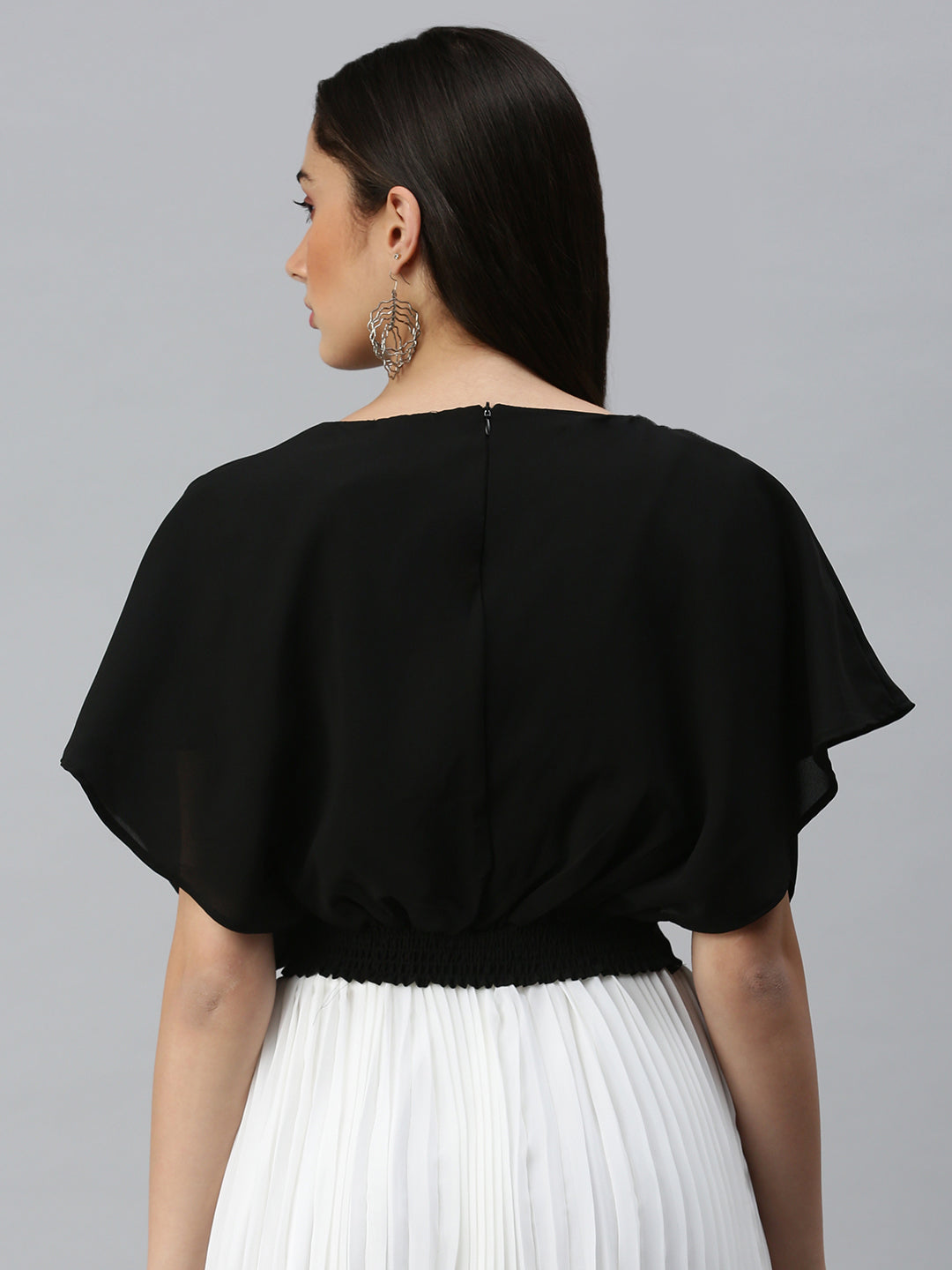 Women's Black Extended Sleeves Monochrome Chiffon Top