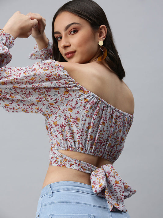 Women's Grey Floral Print One Shoulder Georgette Styled Back Crop Top