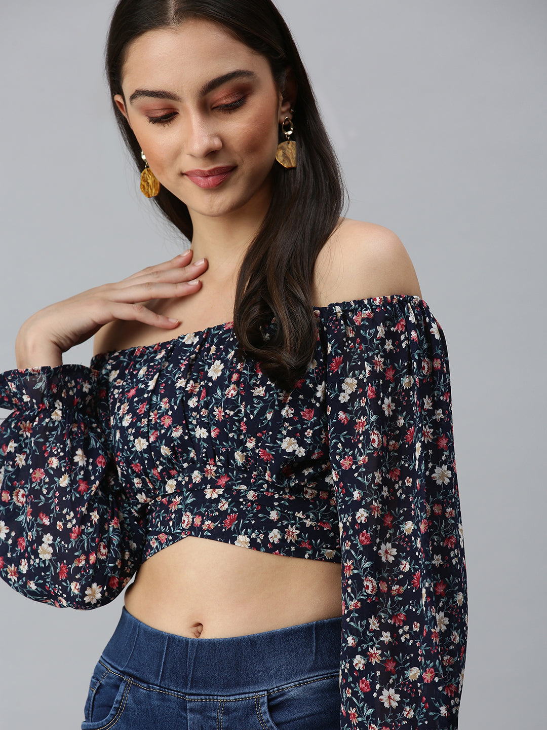Women's Navy Blue Floral Printed Off-Shoulder Georgette Bardot Crop Top