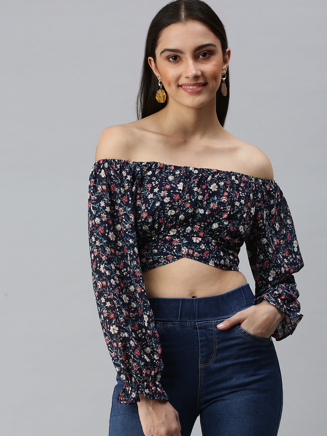 Women's Navy Blue Floral Printed Off-Shoulder Georgette Bardot Crop Top