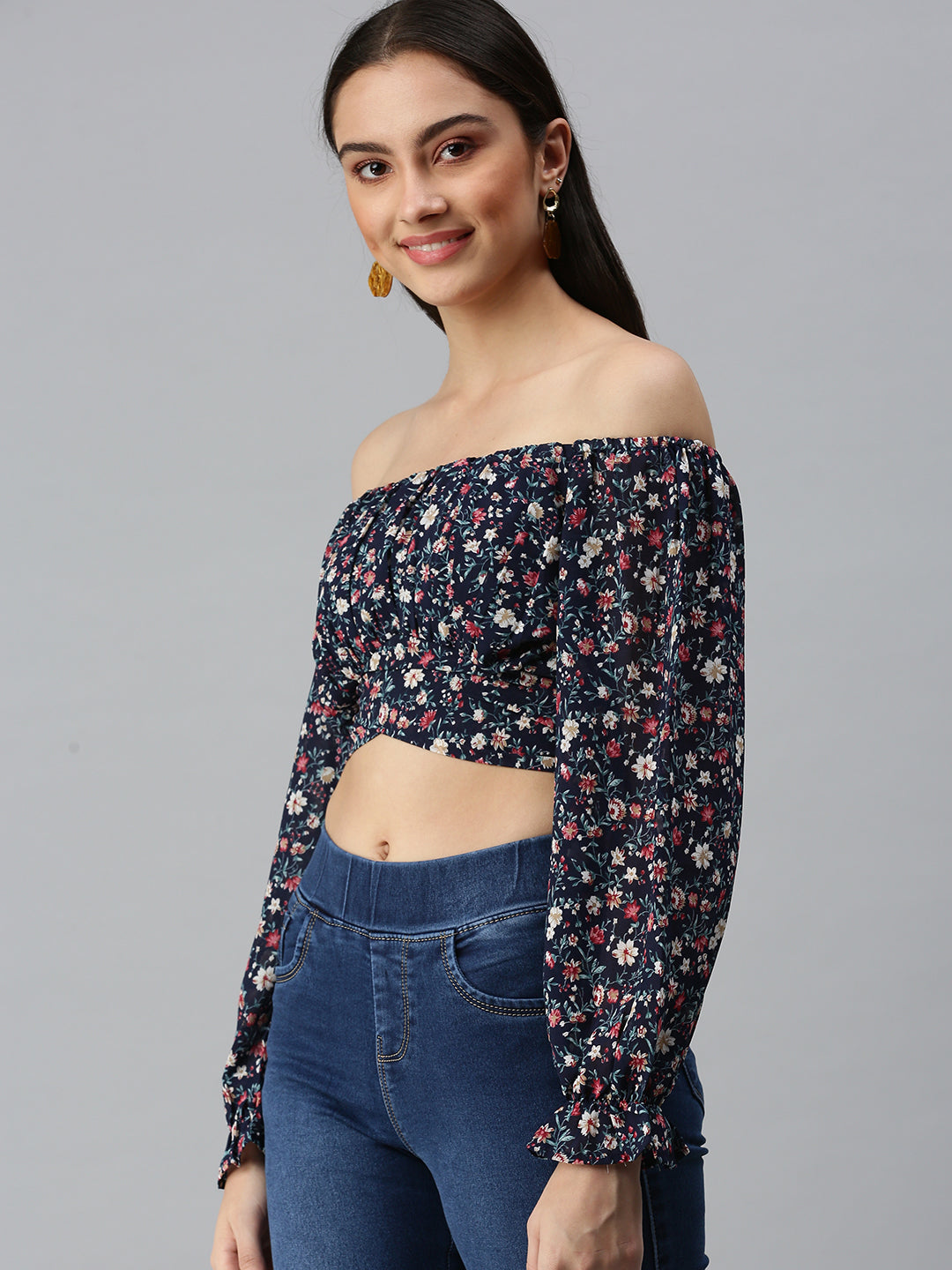 Women's Navy Blue Floral Printed Off-Shoulder Georgette Bardot Crop Top