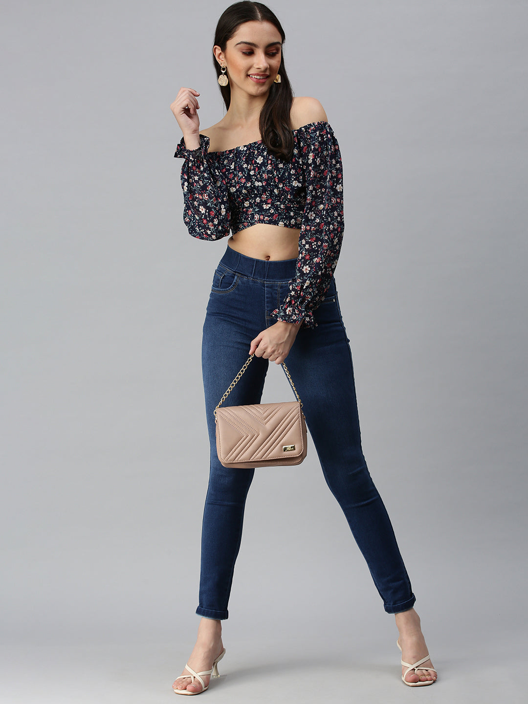 Women's Navy Blue Floral Printed Off-Shoulder Georgette Bardot Crop Top