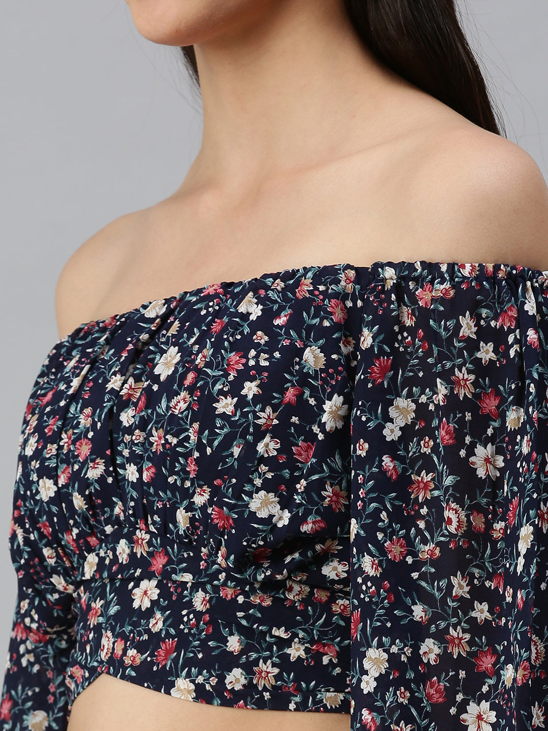 Women's Navy Blue Floral Printed Off-Shoulder Georgette Bardot Crop Top