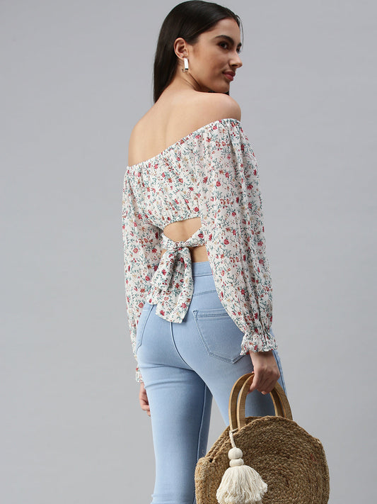 Women's White Floral Print Off-Shoulder Georgette Bardot Crop Top