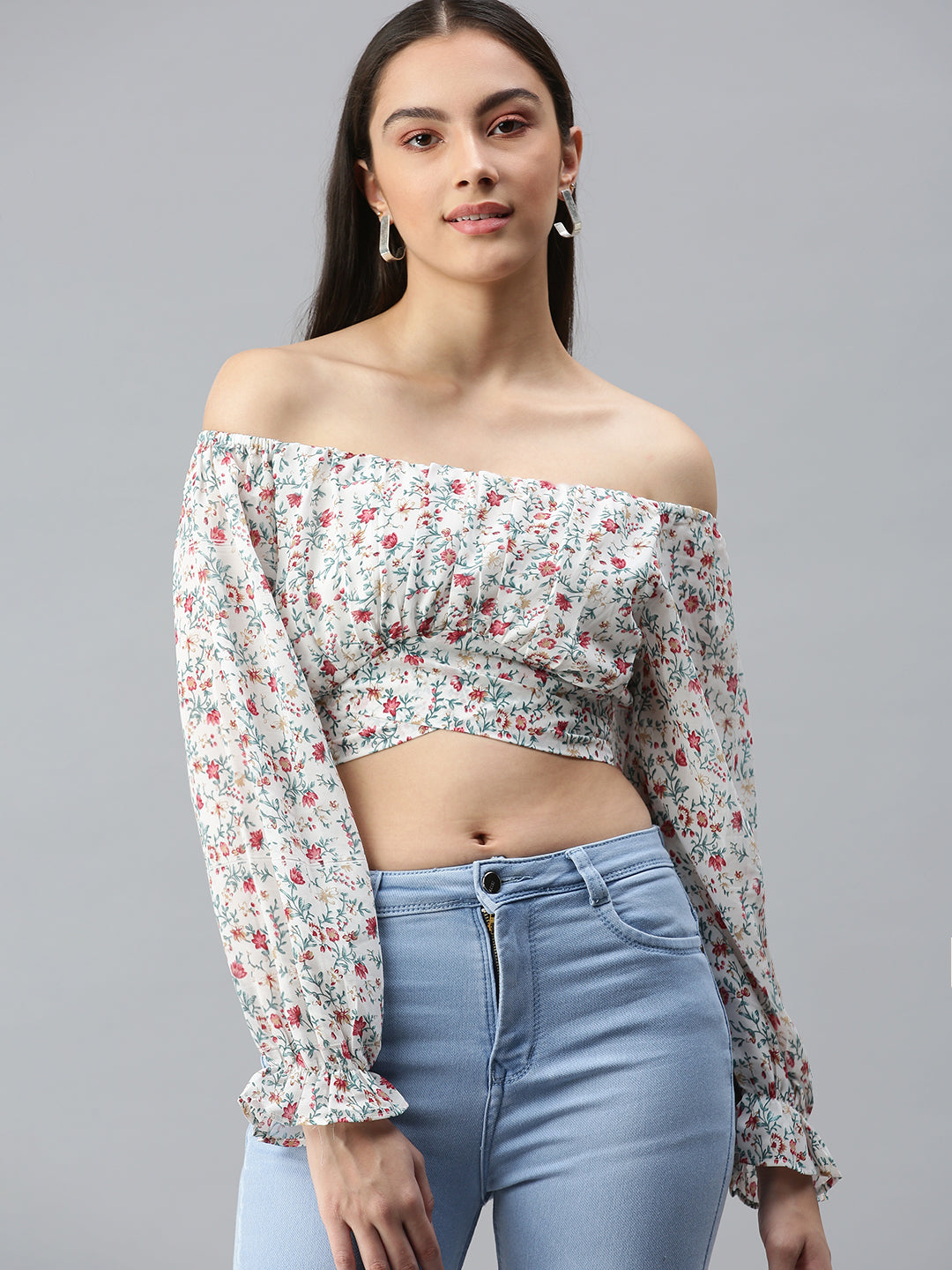 Women's White Floral Print Off-Shoulder Georgette Bardot Crop Top